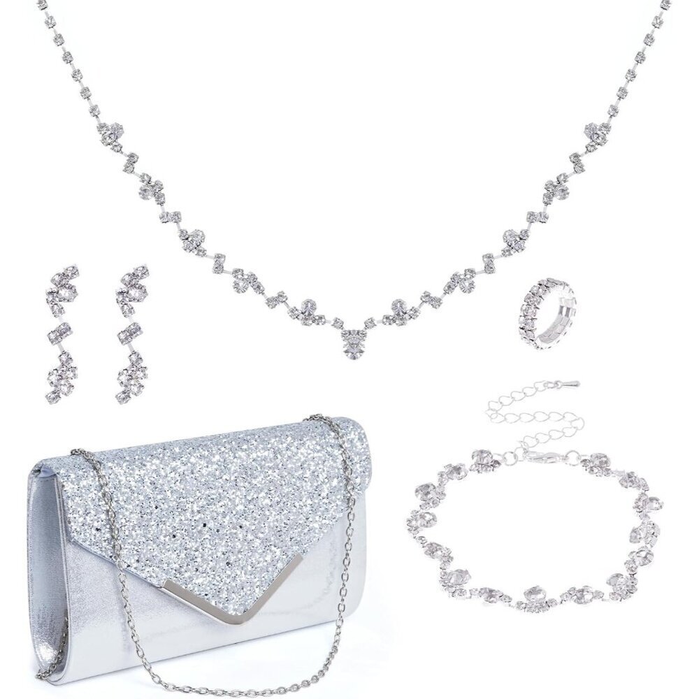 Women Rhinestone Jewelry Set Bridal Clutch Purse Bracelet Earrings Ring